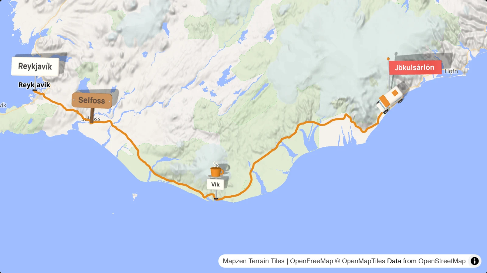 Ví dụ từ Travel Map Animator: một lộ trình du lịch có biển hiệu trên bản đồ